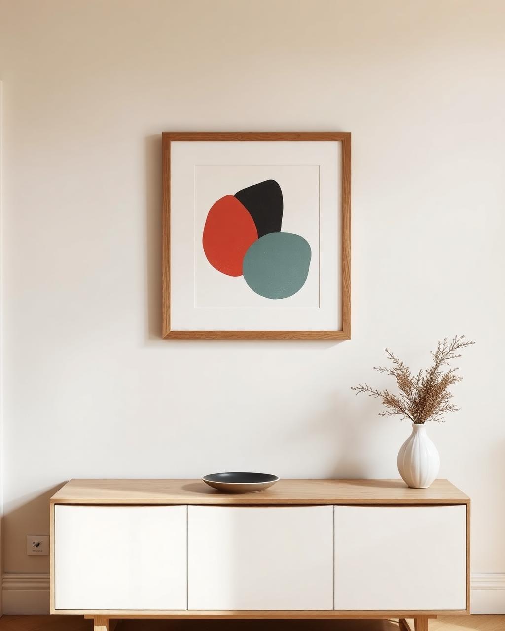 Gerahmtes abstraktes Kunstwerk in einem modernen Wohnraum
